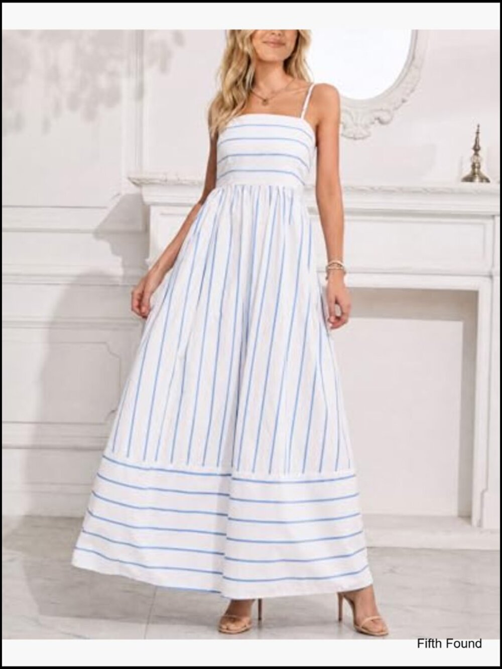 Women's Striped Back Smocked Maxi Dress Spaghetti Strap Cut Out Swing Long - Picture 2 of 6